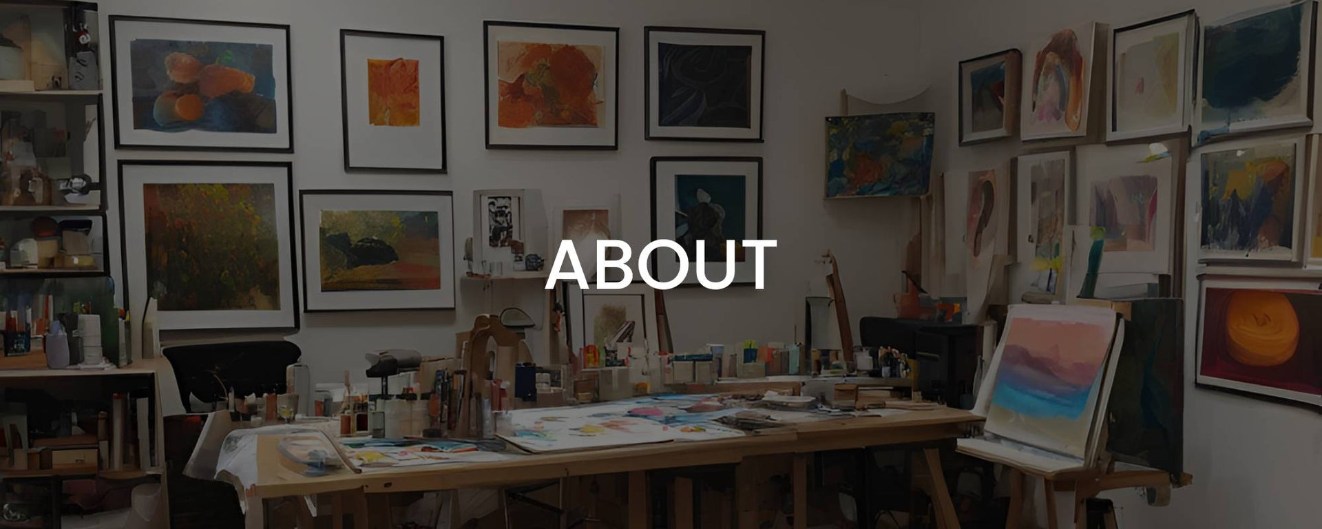 This banner on the Calgary Artists Studio Tour website features a studio in the background and has ABOUT as the text on it.