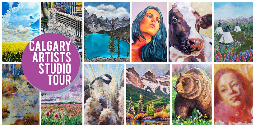 This image features brightly coloured art from a variety of local Calgary artists and features the Calgary Artist Studio TOur logo in Purple with white text.